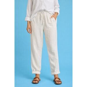 Saks Fifth Avenue White 100% Linen Pull On Pants Large Relaxed Fit Wide Leg
